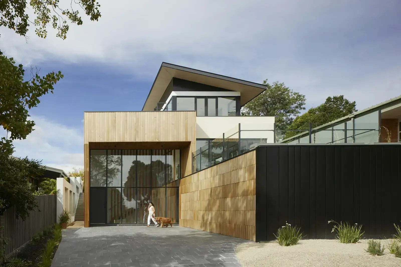 Modern house with a timber entry, glass doors, and a paved approach